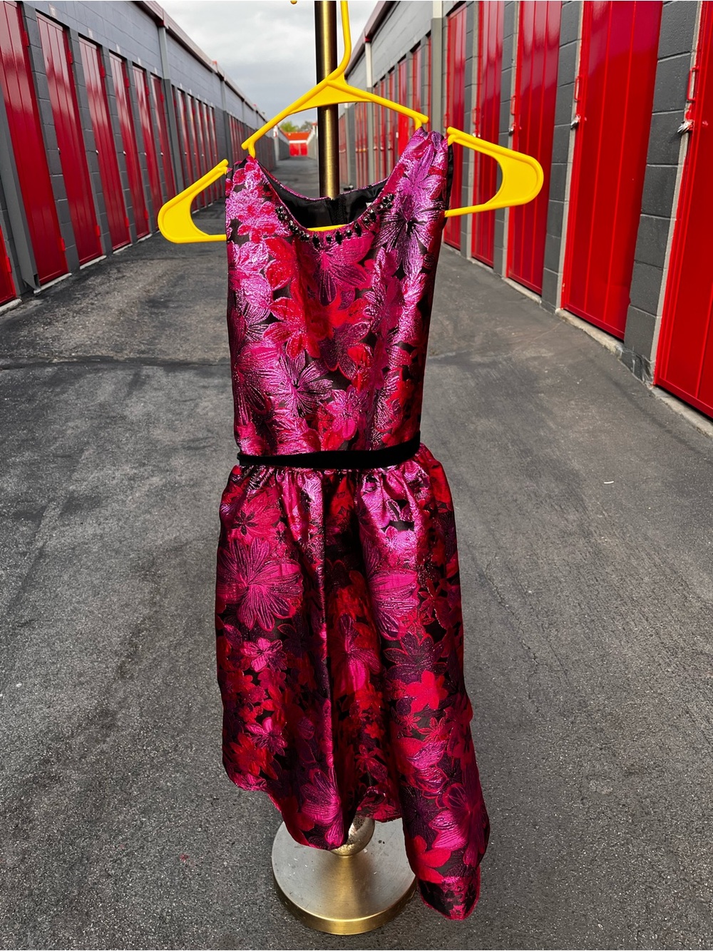 Rare Editions Fuchsia Floral Jacquard Party Dress with Black Trim - Picture 1 of 3